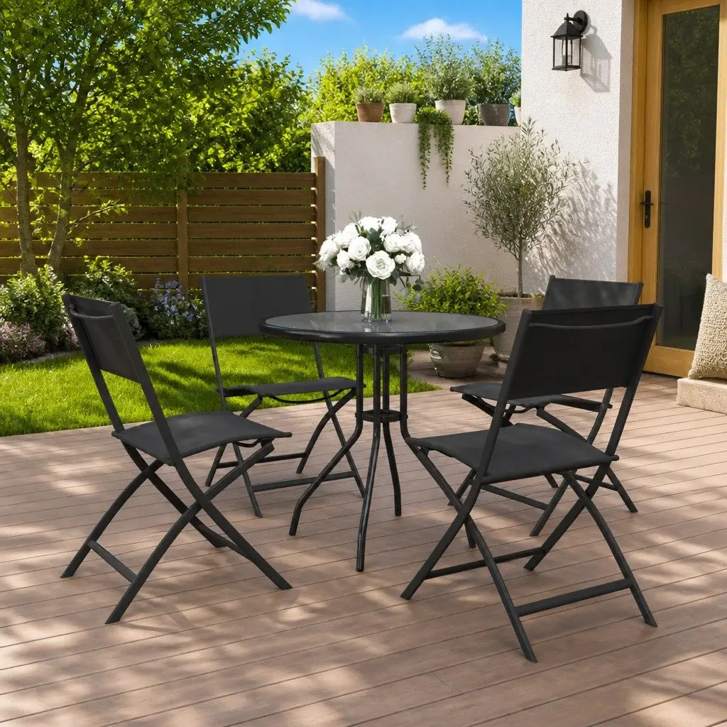 5 Piece Outdoor Dining Set Steel Frame Stackable Chairs Black