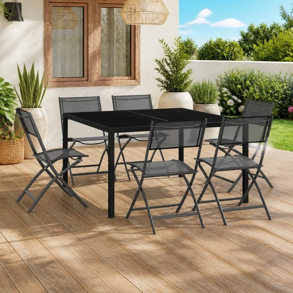 7 Piece Outdoor Dining Set Steel Frame Black Folding Chairs Garden Furniture