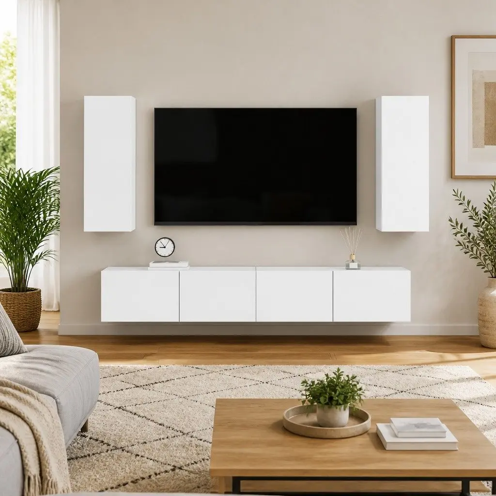 4 Piece TV Cabinet Set Wall Mounted Storage Unit Living Room Furniture White