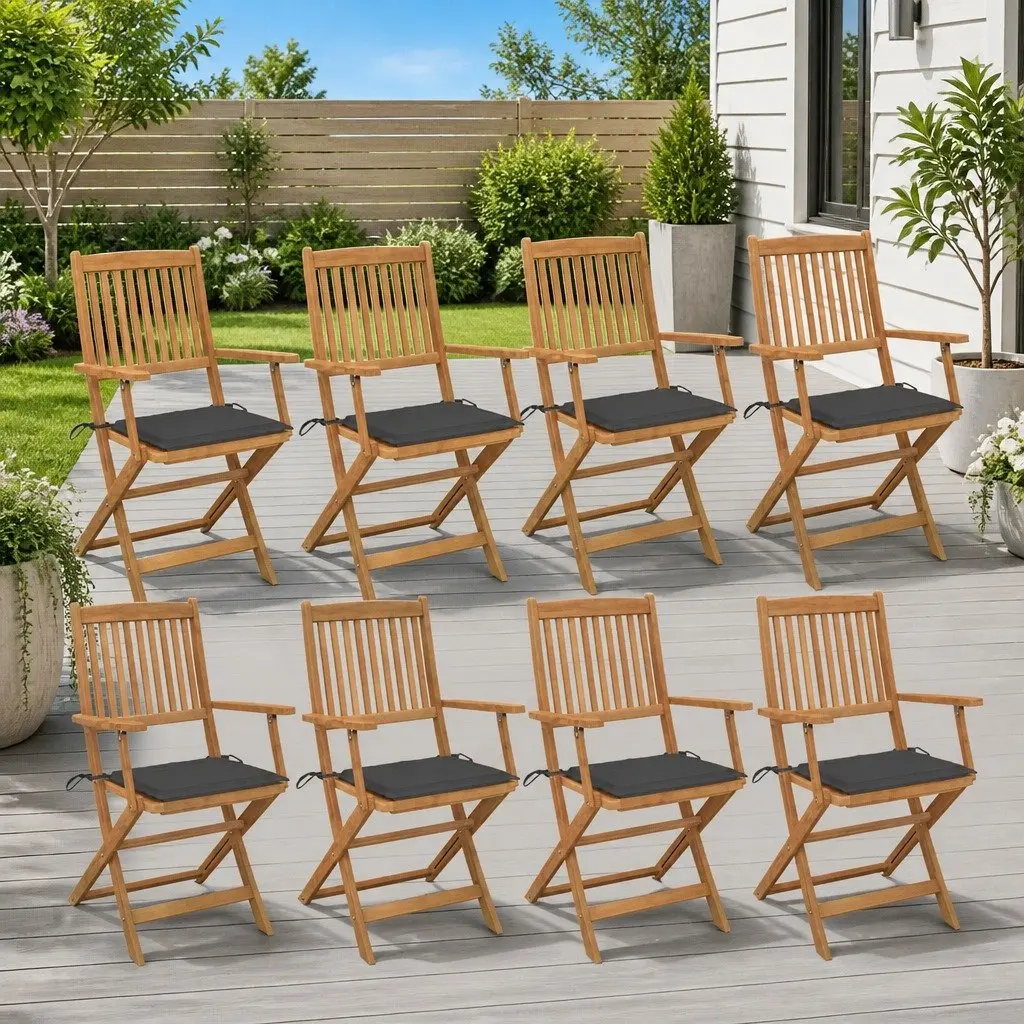 Folding Garden Chairs 8 Piece Set Cushions Solid Wood Outdoor Patio Seating Anthracite