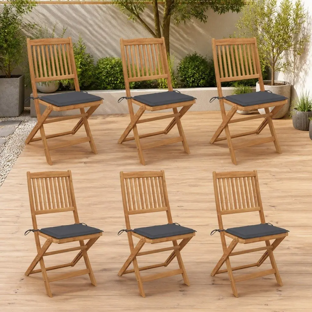 Folding Chairs Outdoor Seating Set 6 Piece Acacia Wood Cushions Anthracite