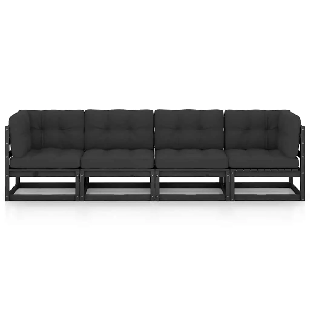 4-Seater Garden Sofa Outdoor Patio Couch Pine Wood Black with Cushions