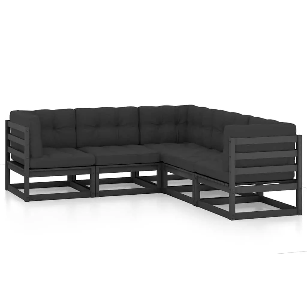 Garden Lounge Set 5 Piece Outdoor Furniture Cushions Black Solid Pinewood