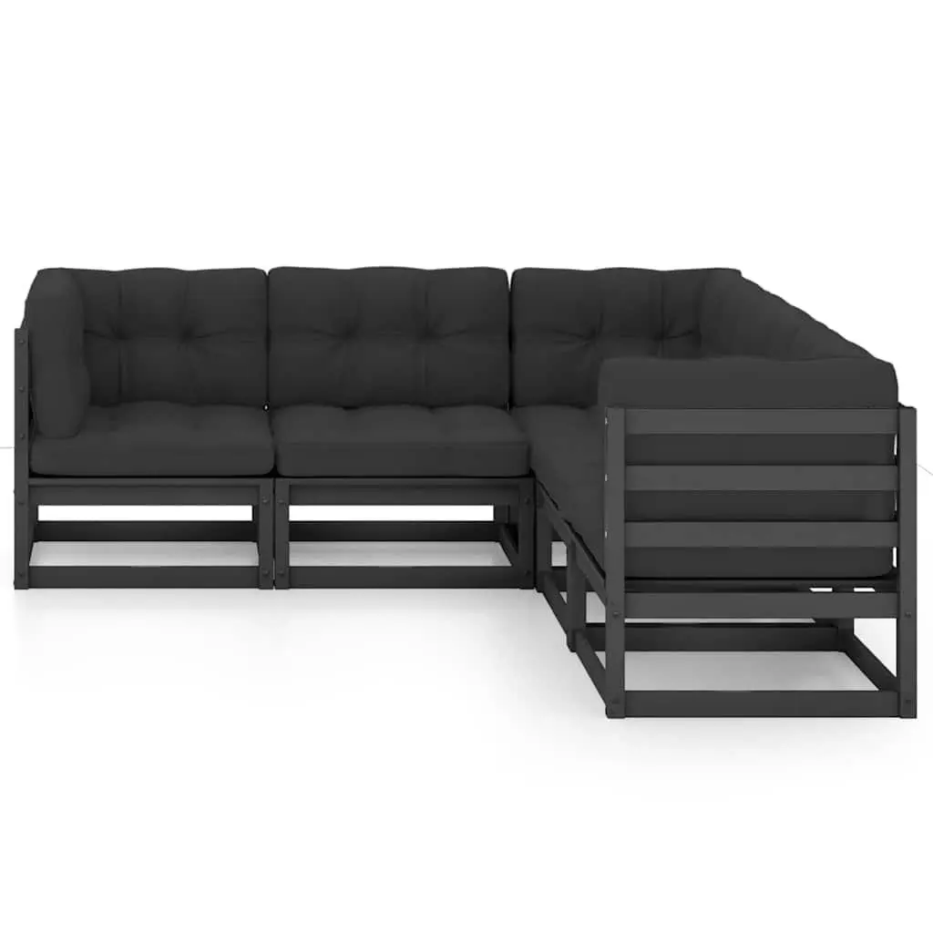 Garden Lounge Set 5 Piece Outdoor Furniture Cushions Black Solid Pinewood