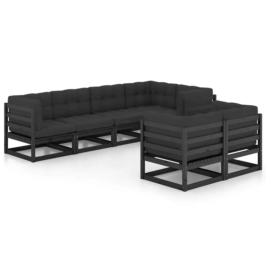 Garden Lounge Set 7 Piece Outdoor Furniture Cushions Solid Pinewood Black
