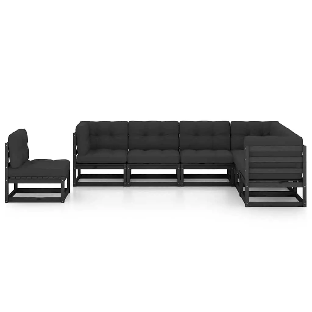 7 Piece Garden Lounge Set Cushions Black Solid Pinewood Outdoor Furniture