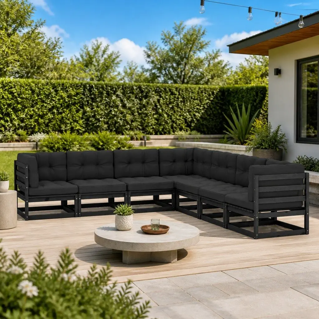 7 Piece Garden Lounge Set Cushions Black Pinewood Outdoor Furniture