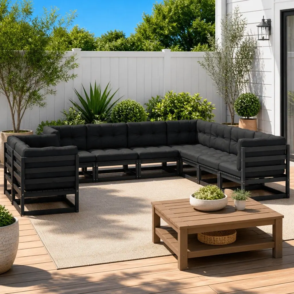 9 Piece Garden Lounge Set Outdoor Sofa Cushions Black Pinewood