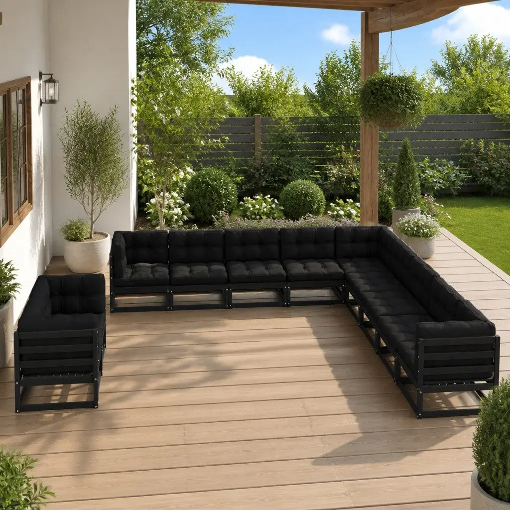 11 Piece Garden Lounge Set Outdoor Furniture Solid Pinewood with Cushions Black