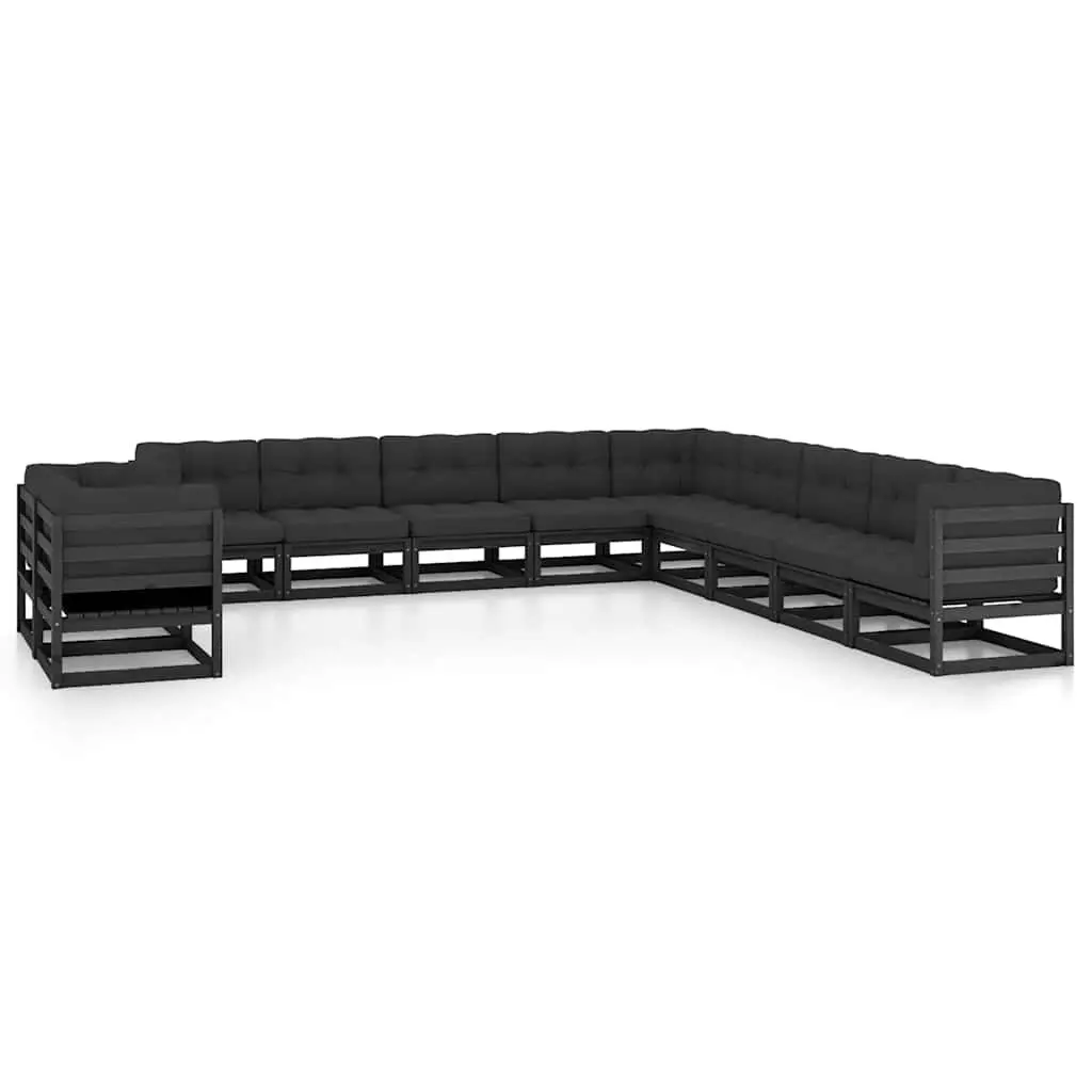 11 Piece Garden Lounge Set Outdoor Furniture Solid Pinewood with Cushions Black