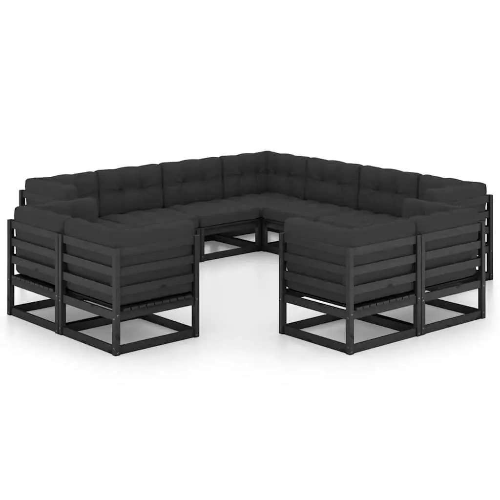 11 Piece Garden Lounge Set Outdoor Sofa Cushions Black Pinewood