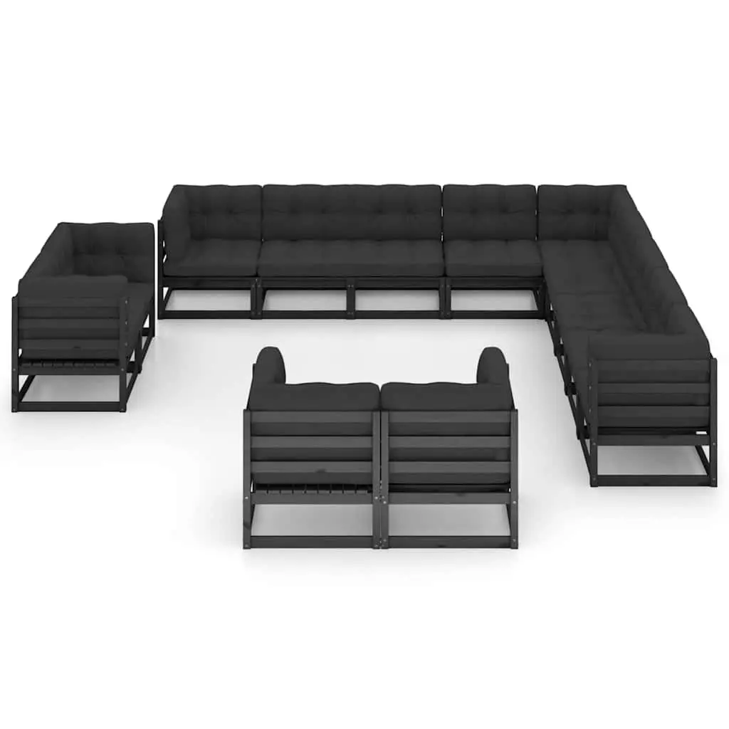 Garden Lounge Set 13 Piece Outdoor Furniture Cushions Black Pinewood