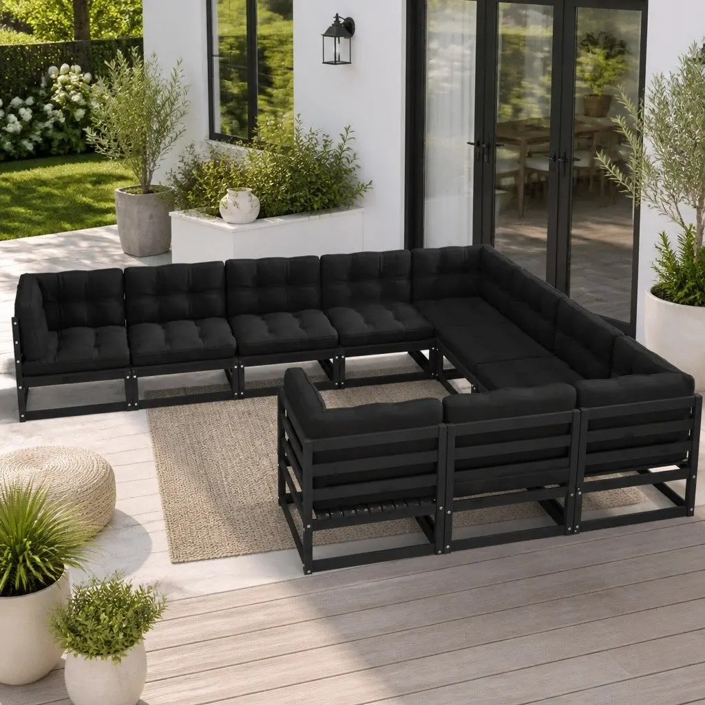 Garden Lounge Set Outdoor Furniture 10 Piece Cushions Black Pinewood Sofa