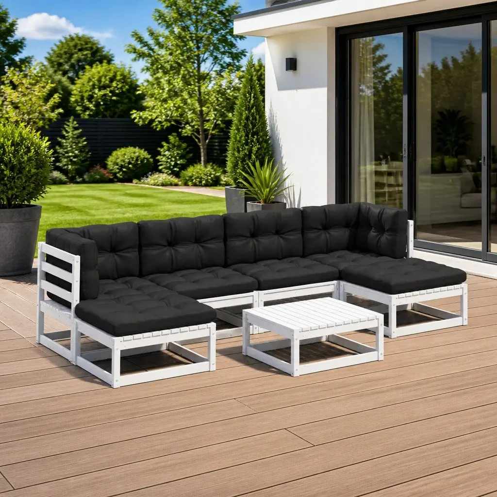 7 Piece Outdoor Lounge Set Garden Furniture Solid Pinewood White with Cushions