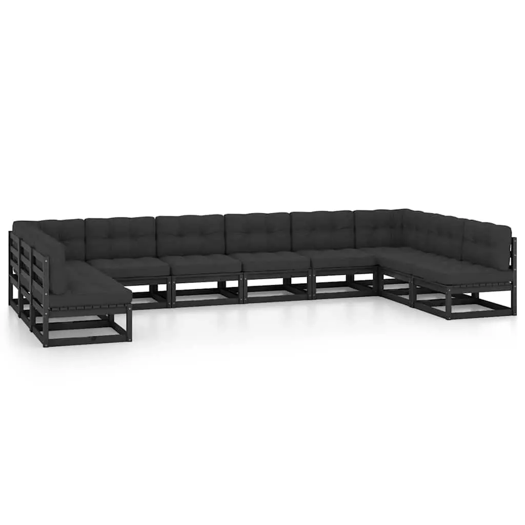 Garden Lounge Set 10 Piece Outdoor Furniture Black Solid Wood Sofa with Cushions