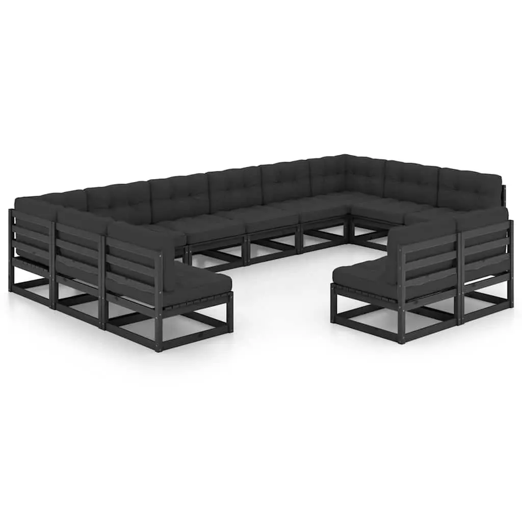 Garden Lounge Set 12 Piece Outdoor Furniture Pinewood Sofa with Cushions Black