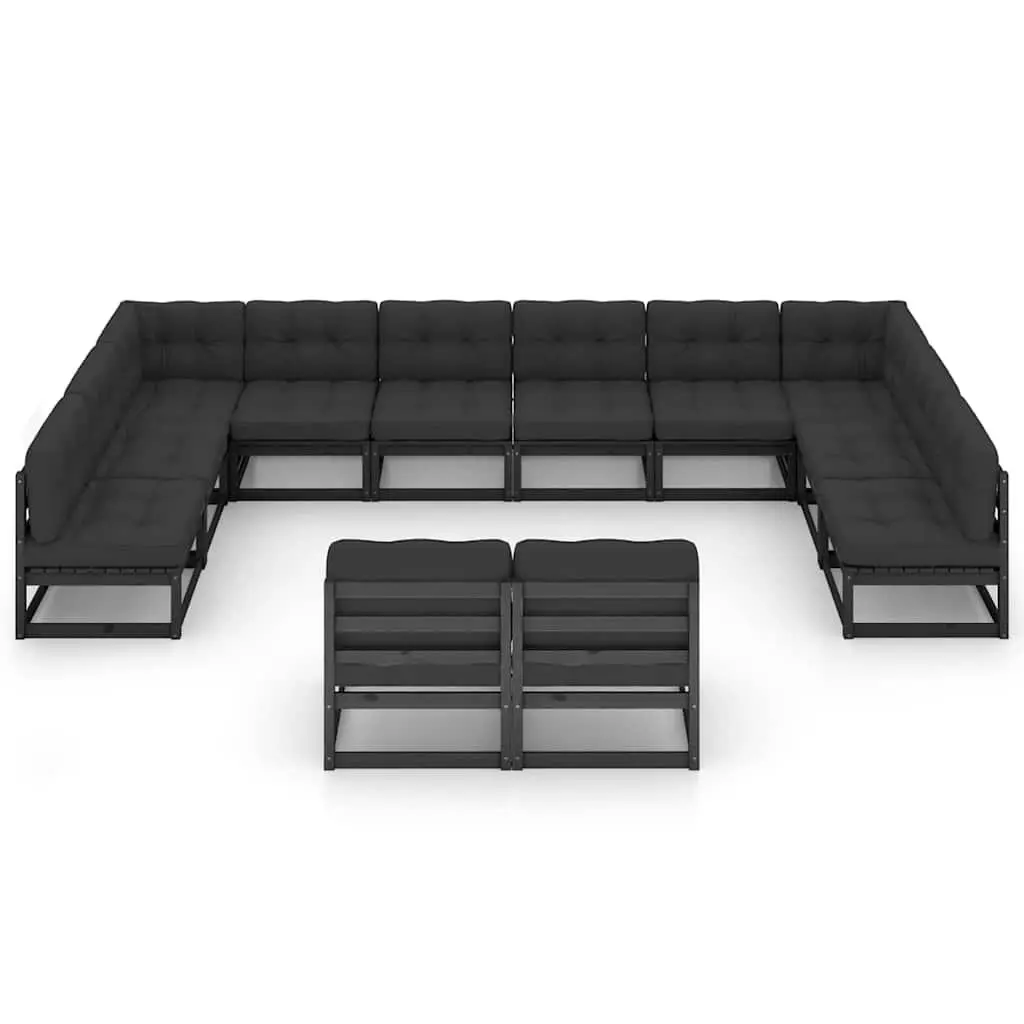 Garden Lounge Set 12 Piece Outdoor Furniture Pinewood Sofa with Cushions Black
