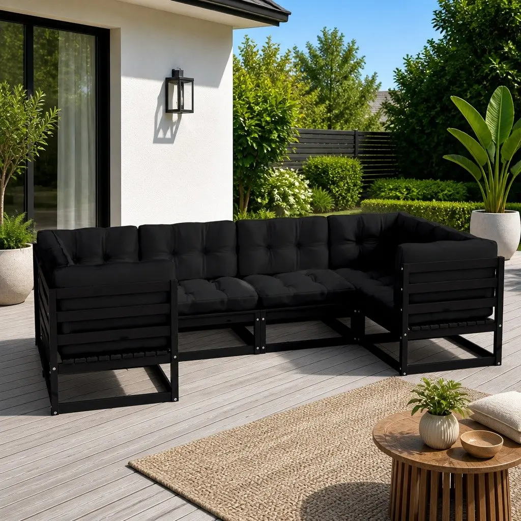 Garden Lounge Set 6 Piece Outdoor Furniture Black Solid Pinewood with Cushions