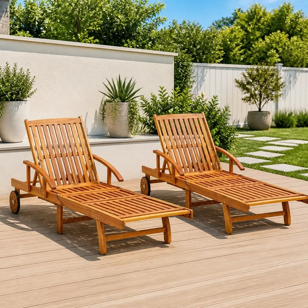 Sun Loungers Outdoor Garden Patio Lounge Chair Set 2 pcs Solid Wood Acacia Brown
