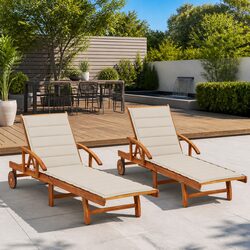 Sun Lounger 2 pcs Solid Wood Acacia Outdoor Seating with Cushions Adjustable