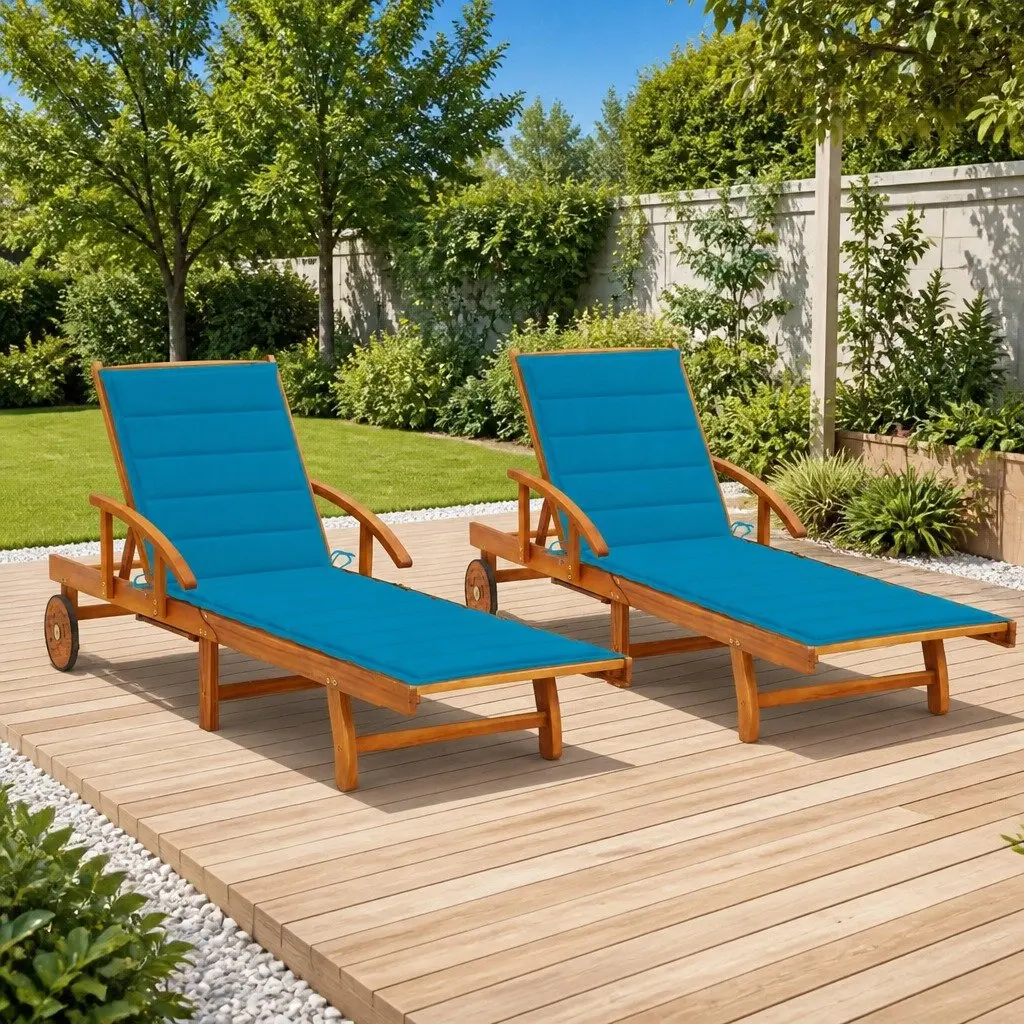 Sun Lounger Adjustable Foldable 2pc Set with Cushions Solid Acacia Wood Blue Outdoor Patio Daybed