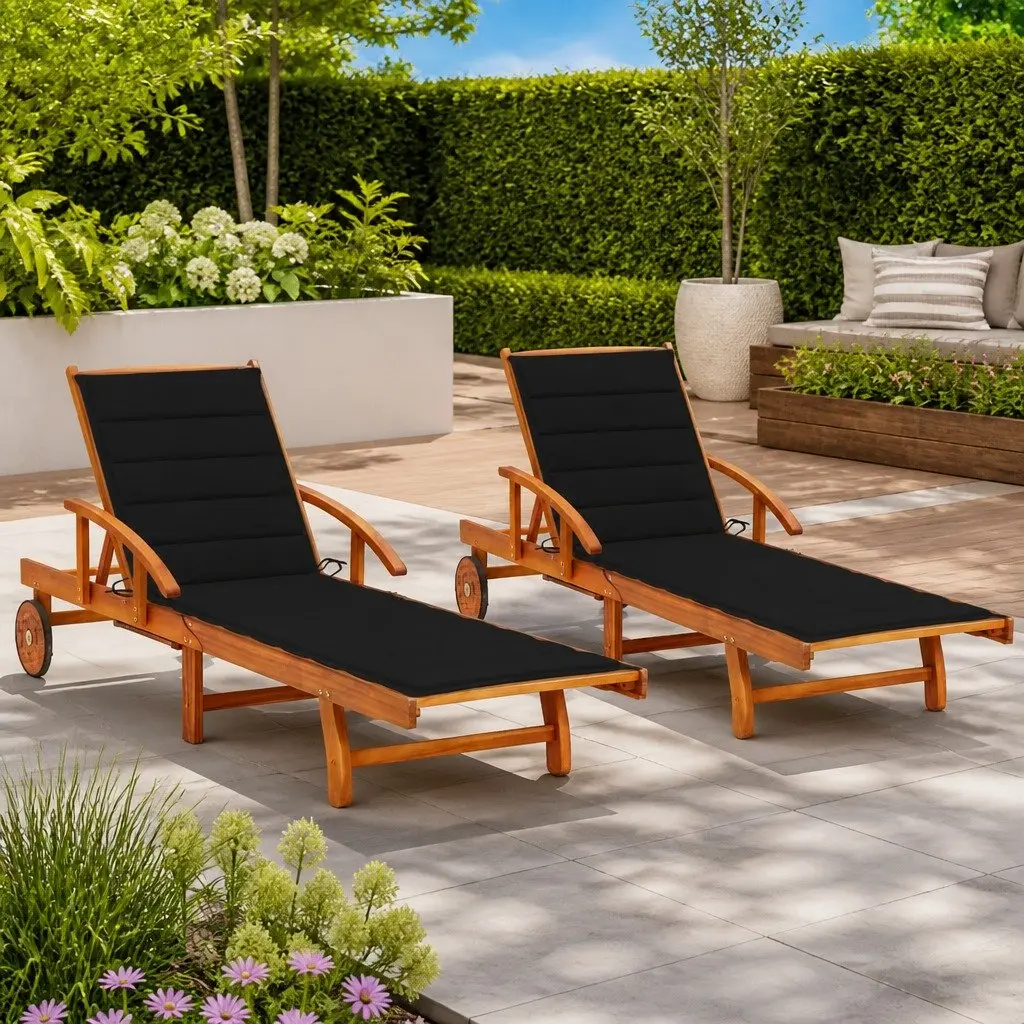 Sun Loungers Outdoor Garden Patio Daybed Recliner 2 pcs Solid Wood Black with Cushions