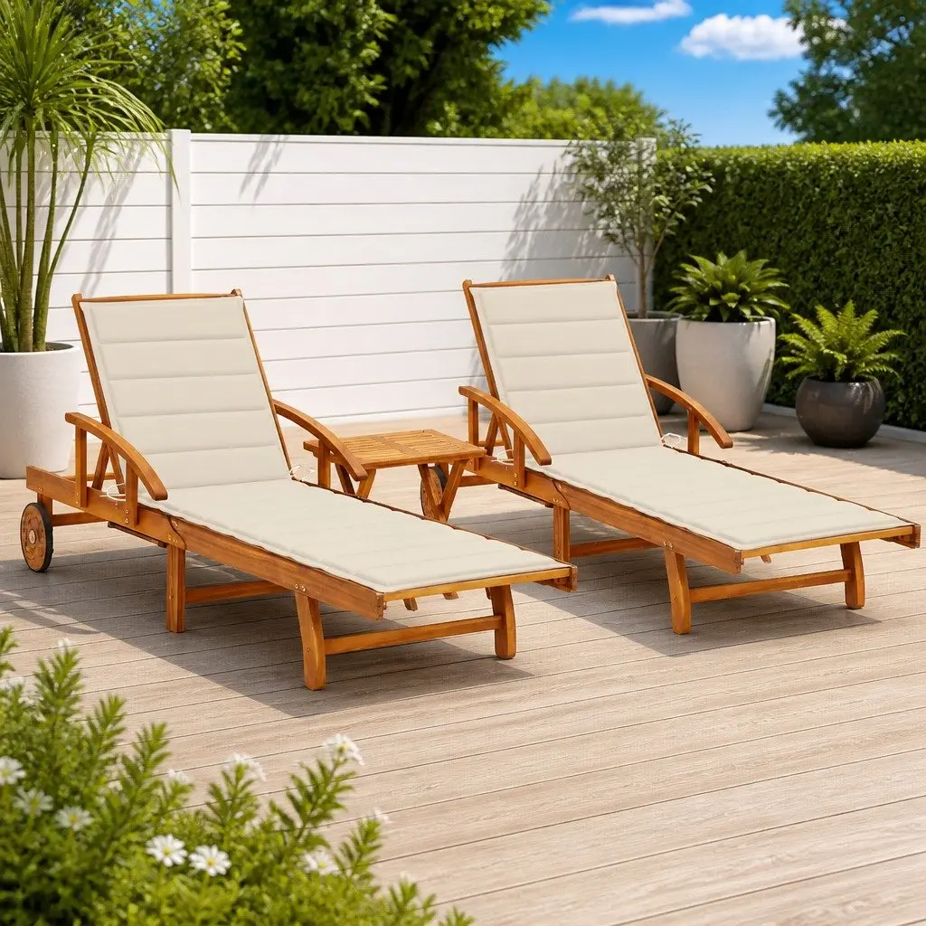 Sun Lounger Set 2 pcs Cushions Solid Wood Acacia Outdoor Garden Cream