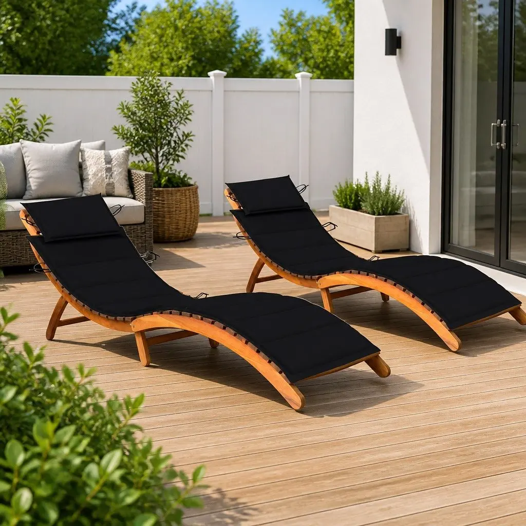 Sun Loungers Set 2 pcs Solid Wood Acacia Outdoor Garden Patio Daybed Black