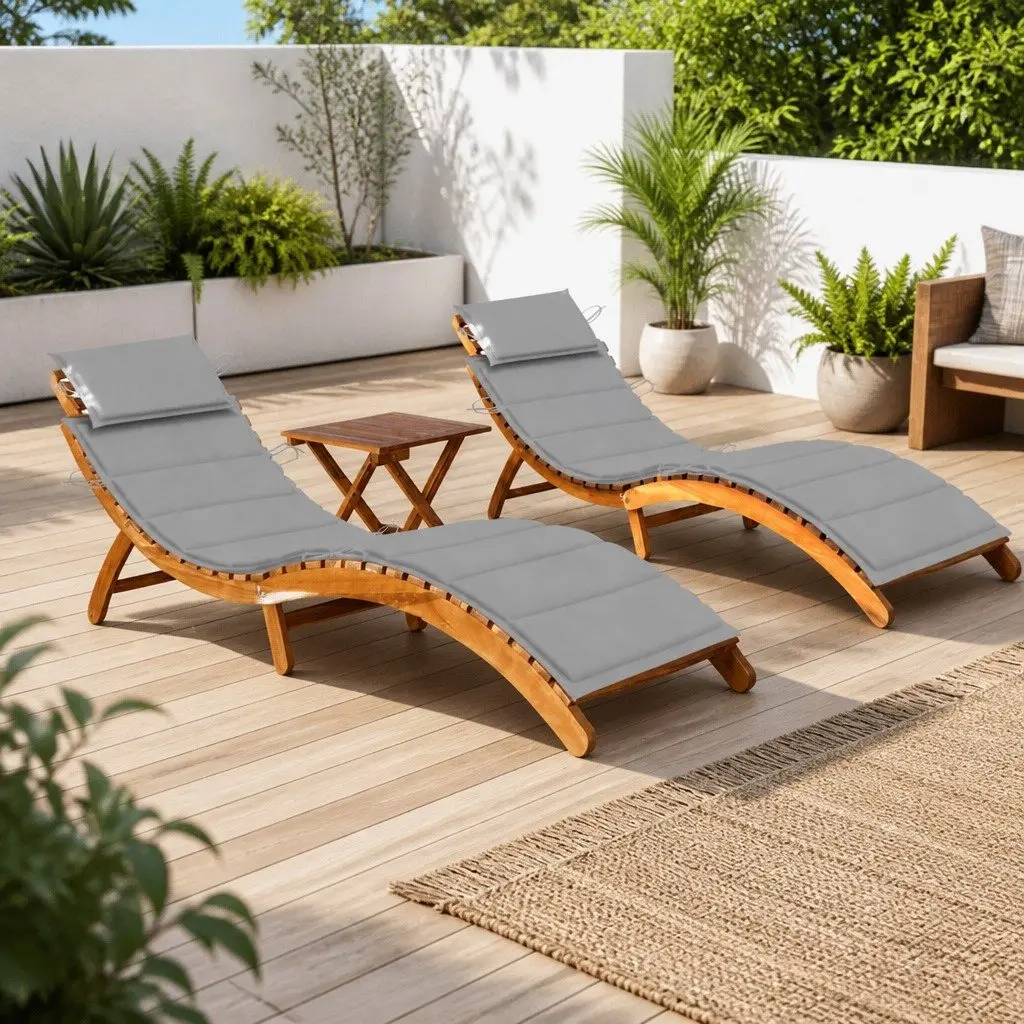 Wooden Sun Lounger Set 2 pcs Folding Garden Patio Daybed with Table Cushions Grey