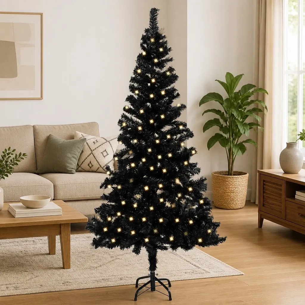 Pre-lit Artificial Christmas Tree 240 cm Black PVC Holiday Decoration with Stand