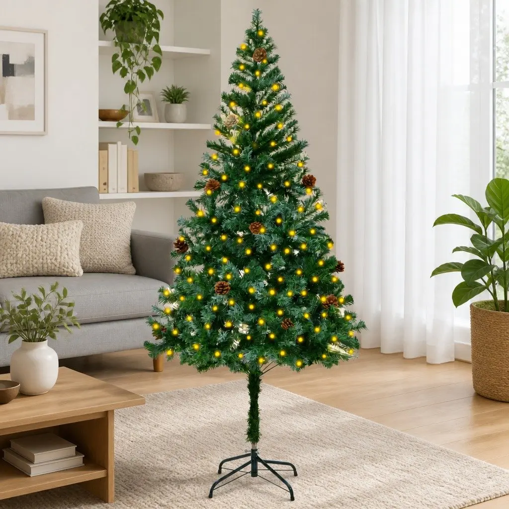 Artificial Christmas Tree 180cm Green Pre-lit with LED Lights and White Pine Cones