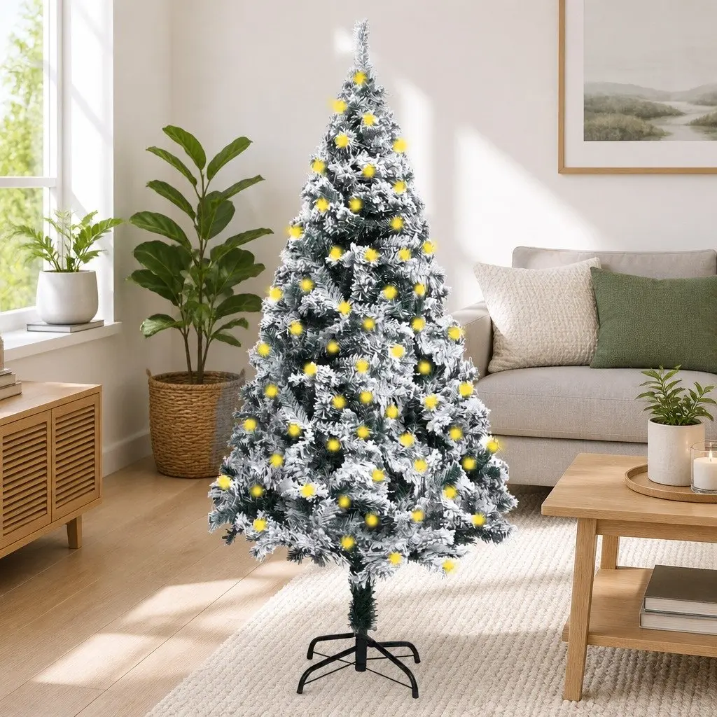 Artificial Christmas Tree Pre-lit Flocked Snow Green 180cm Holiday Decoration