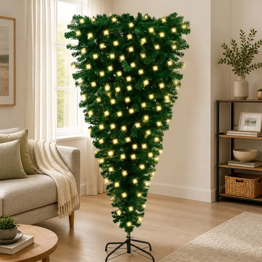 Upside-Down Artificial Christmas Tree Pre-Lit 180cm Green Holiday Seasonal Decor