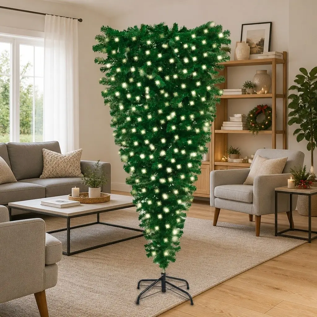 Upside-Down Artificial Christmas Tree Pre-lit 210cm Green Holiday Decoration