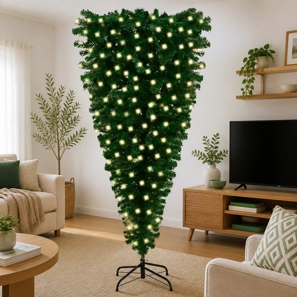 Upside-down Artificial Christmas Tree Holiday Decor 240cm Green Pre-lit LED