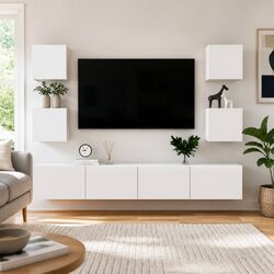 Wall-Mounted TV Cabinet Set 6 Piece White Storage Shelves Living Room Furniture