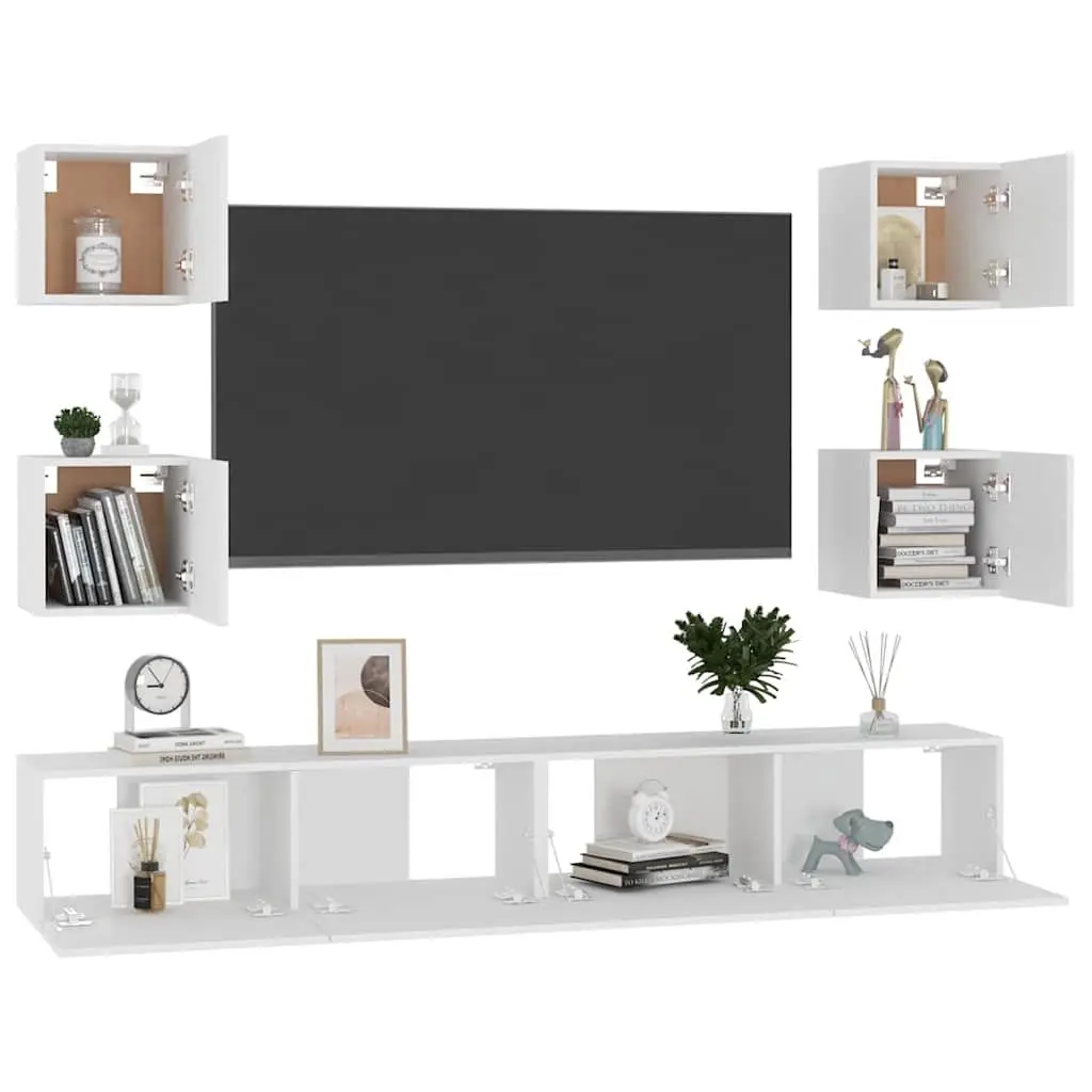 Wall-Mounted TV Cabinet Set 6 Piece White Storage Shelves Living Room Furniture