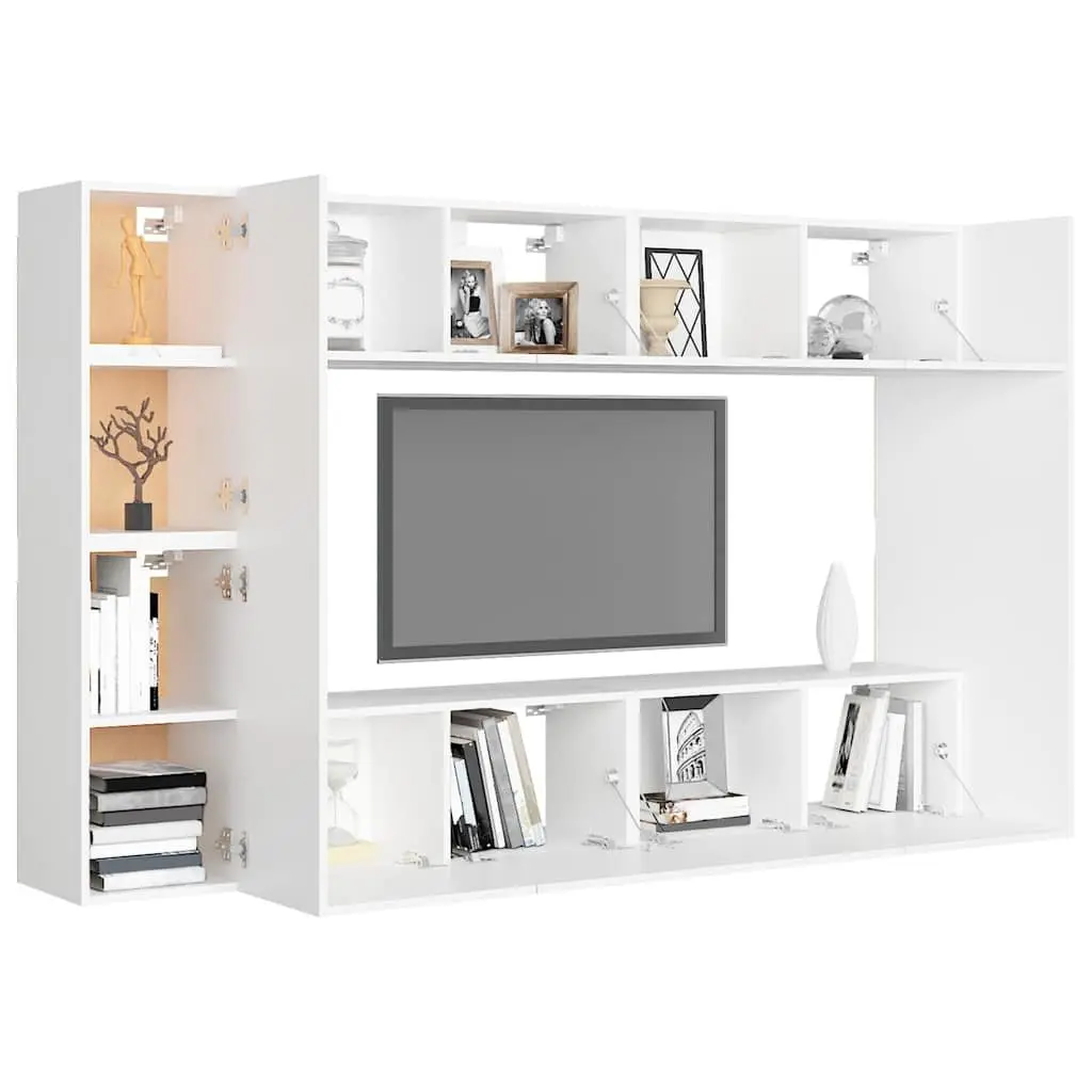 White Wall-Mounted TV Cabinet Set 8 Piece Storage Unit Living Room Furniture