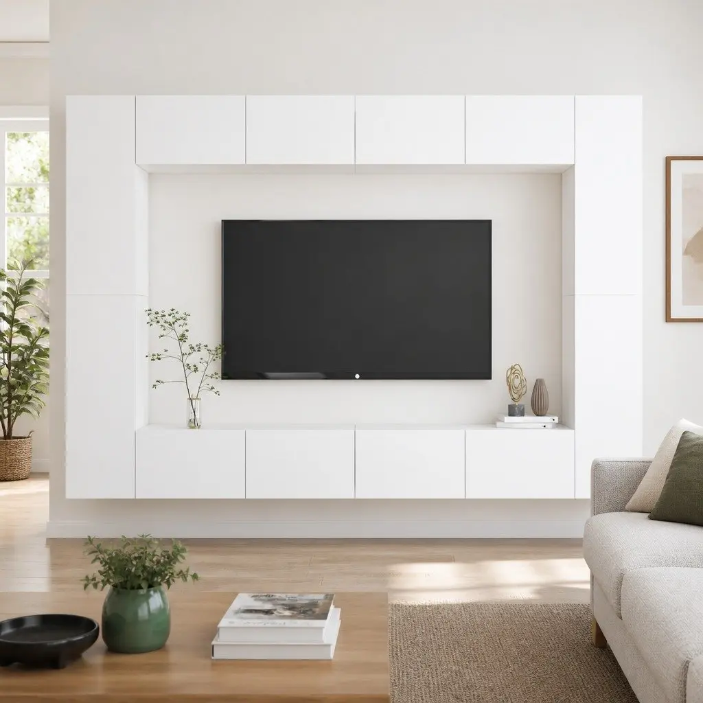 Wall-Mounted TV Cabinet Set 8 Piece White Storage Unit Floating Shelves Home