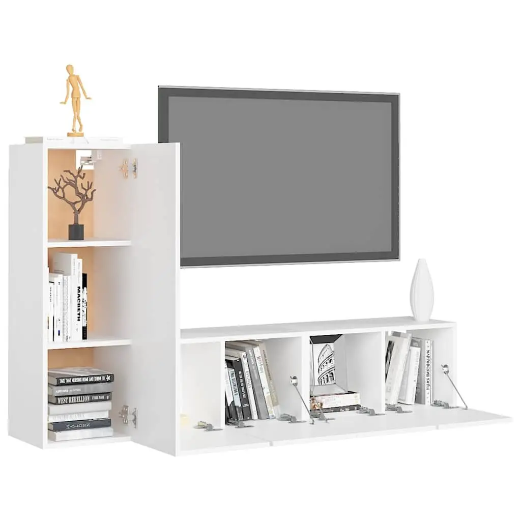 3 Piece Wall Mounted TV Cabinet Set White Engineered Wood Storage Shelves