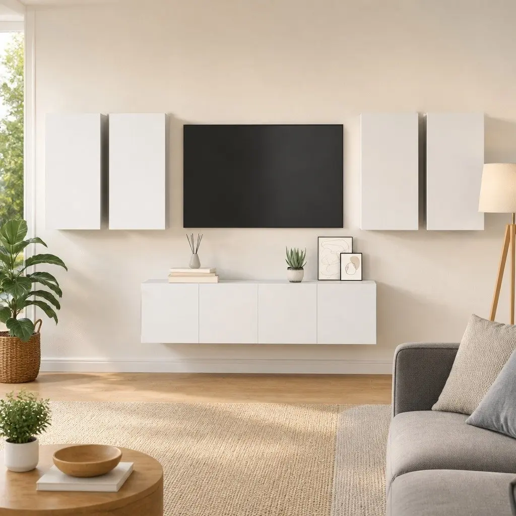 Wall Mounted TV Cabinet Set 6 Piece Storage Unit Organiser Display Shelf White