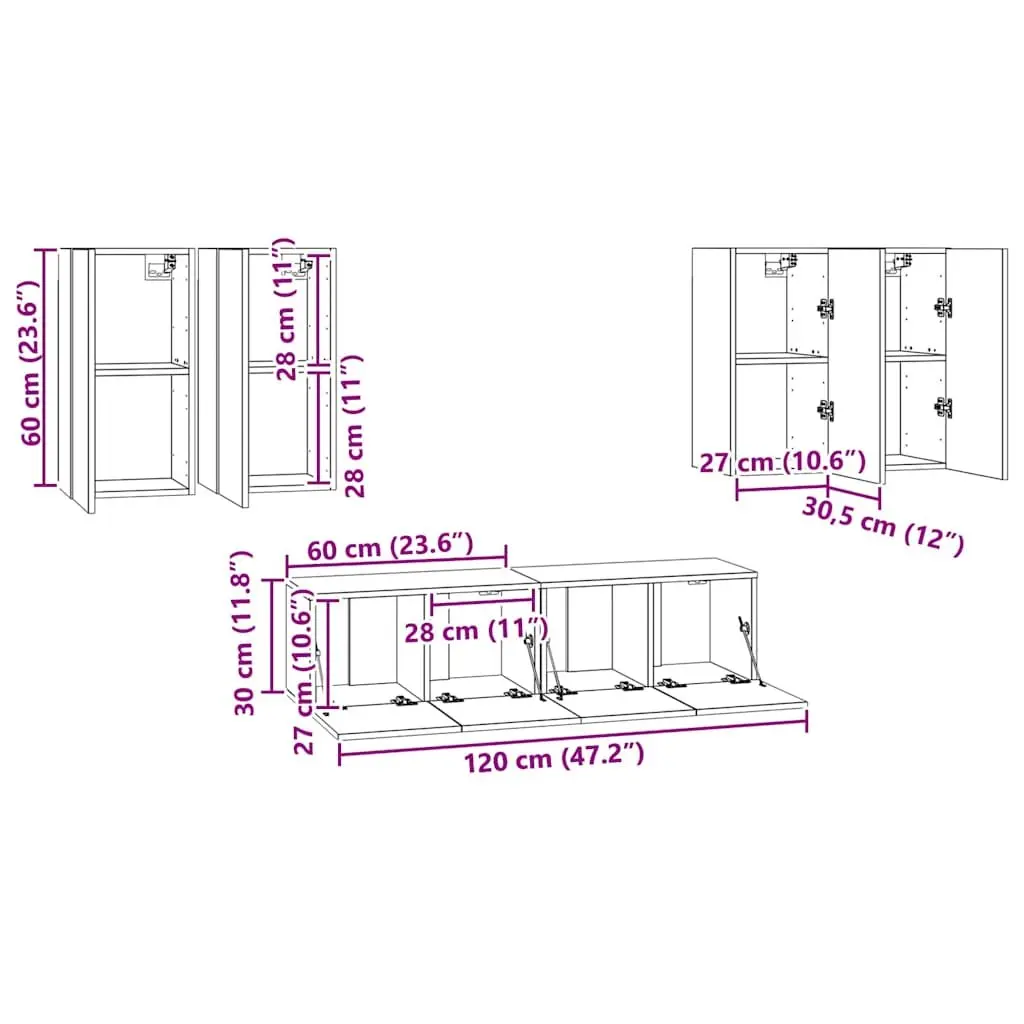 Wall Mounted TV Cabinet Set 6 Piece Storage Unit Organiser Display Shelf White