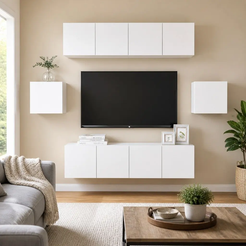 6 Piece White Engineered Wood Wall Mounted TV Cabinet Storage Unit