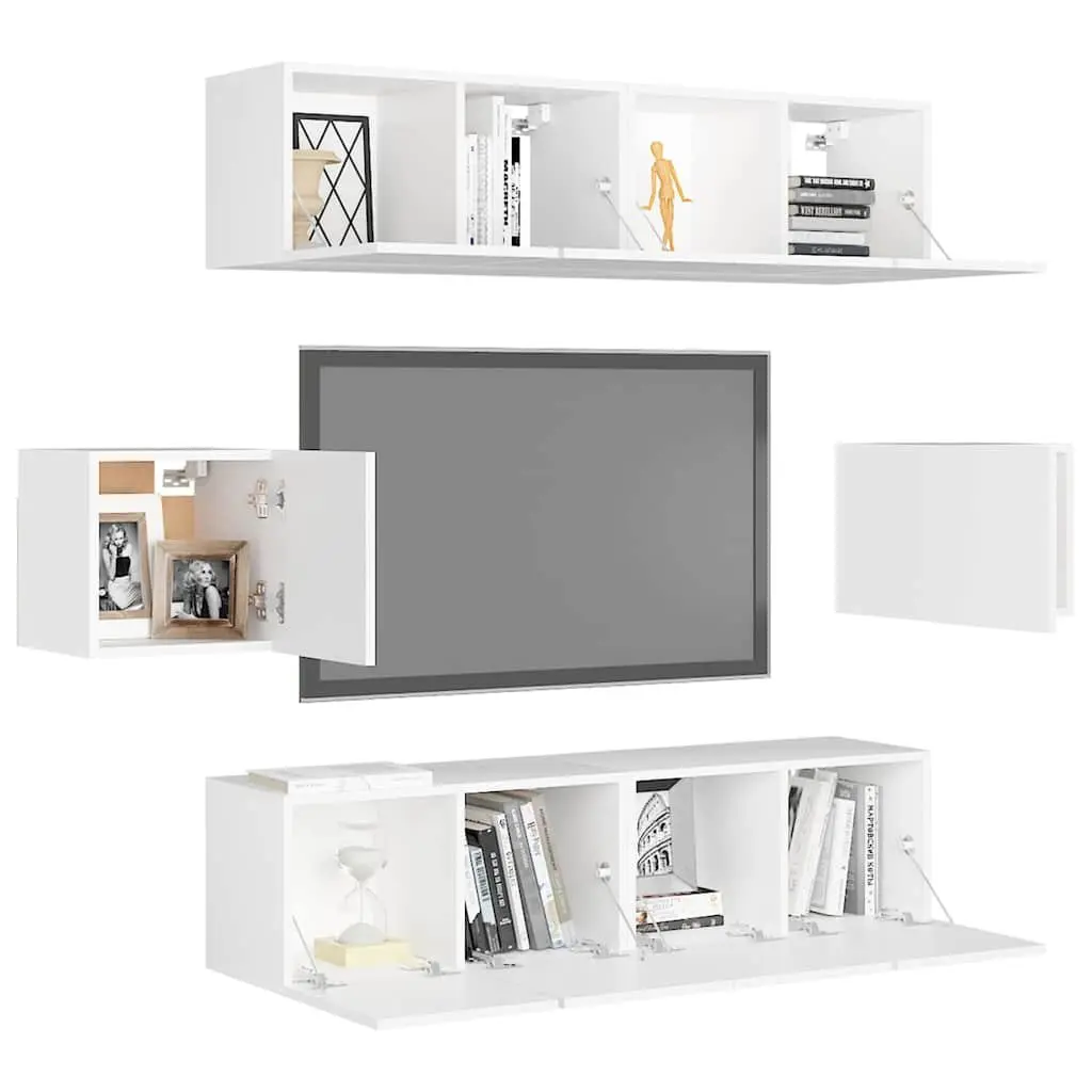 6 Piece White Engineered Wood Wall Mounted TV Cabinet Storage Unit