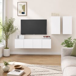 Wall Mounted TV Cabinet Set 4 Piece White Storage Unit Display Organiser Shelves
