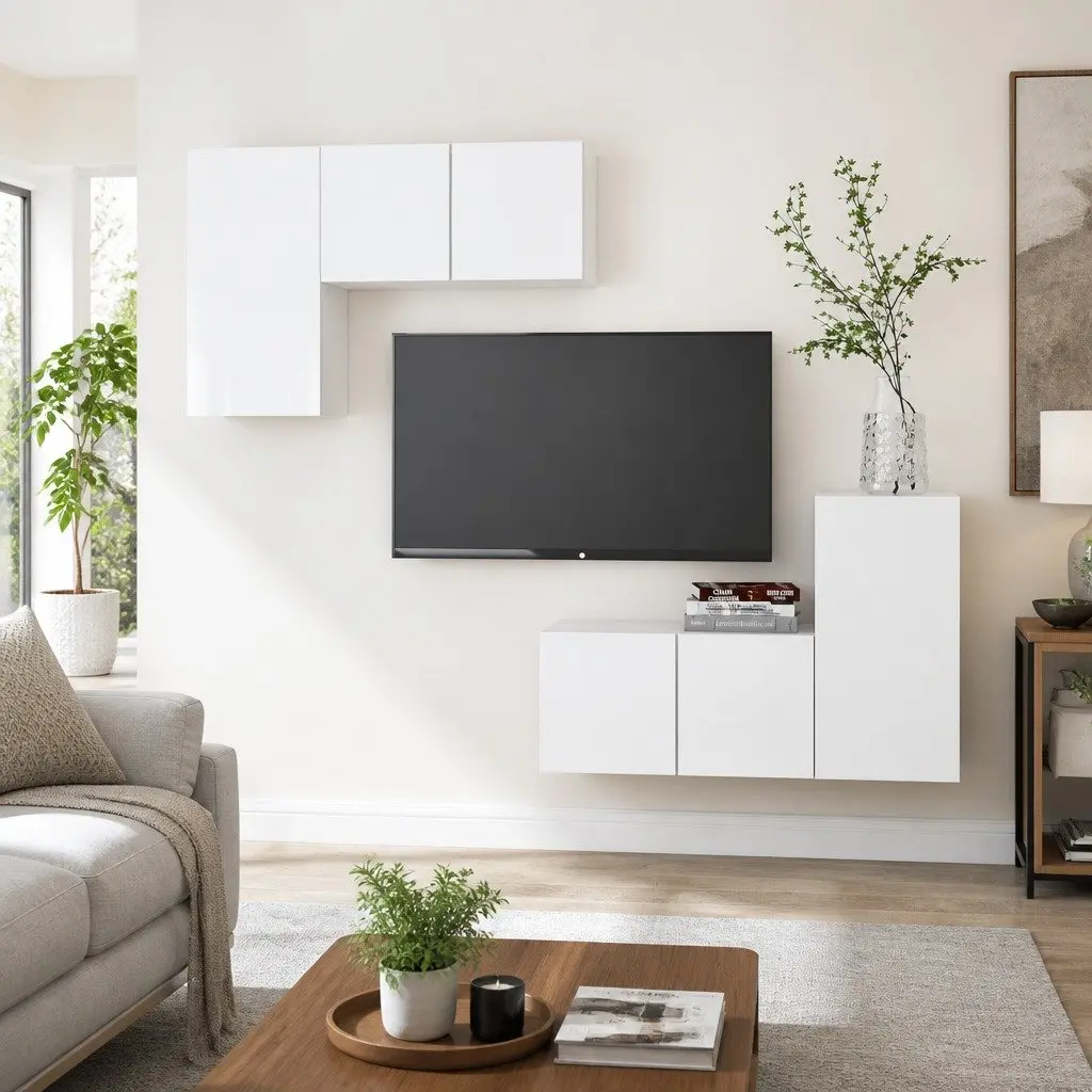 White Wall Mounted TV Cabinet Set 4 Piece Storage Display Unit