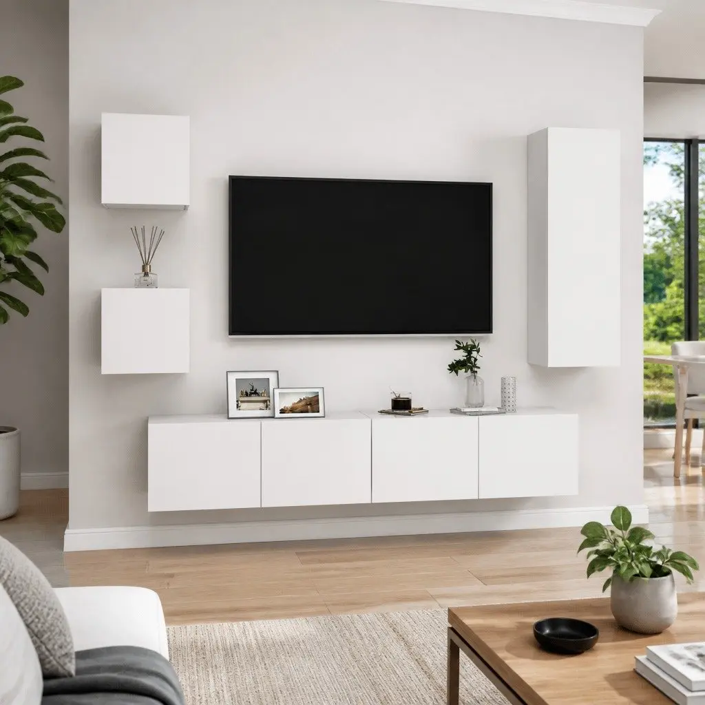 5 Piece Wall Mounted TV Cabinet Set White Storage Unit Organiser Shelving
