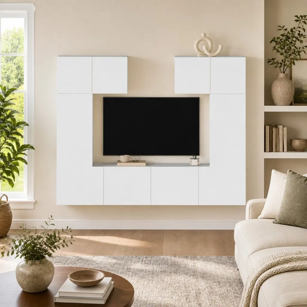 Wall Mounted Storage Unit Set 6 Pieces White Engineered Wood TV Cabinet