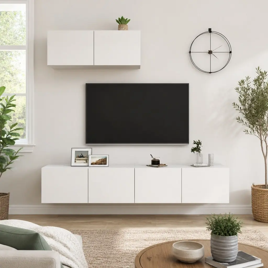 Wall Mounted TV Cabinet Set 3 Pieces Storage Display Unit White Engineered Wood