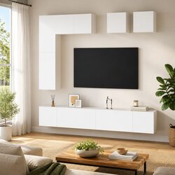 TV Cabinet Set 8 Piece Wall Mounted Storage Unit White Engineered Wood Furniture